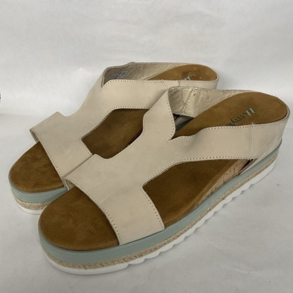 NWOB Mykos Ismina Cream/Brown Comfort Wedge Sandals Women 10 China Suede/Leather